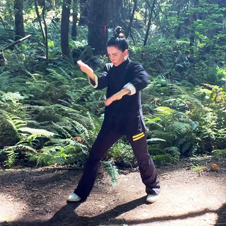 Sifu Kendra demonstrating Biu Jee emergency recovery techniques in training