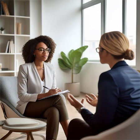 Two women in an office, one is holding a notepad and listening to the other womens concerns