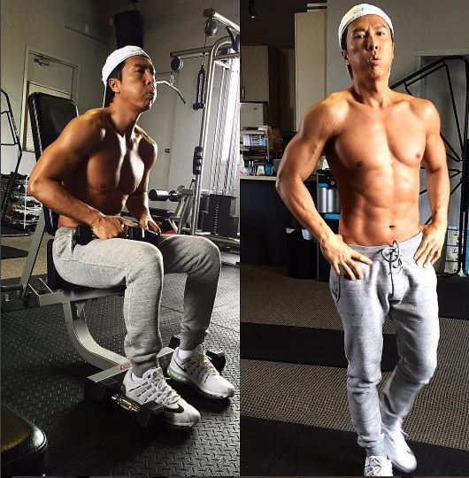 Donnie Yen training shirtless in the gym showing the physical conditioning behind his Wing Chun preparation