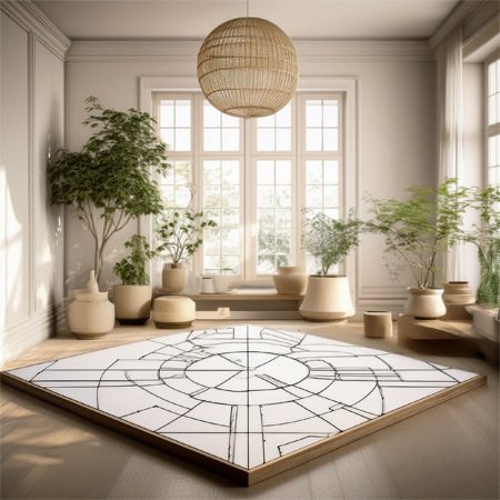 A bright clean room decorated with a bagua map on floor