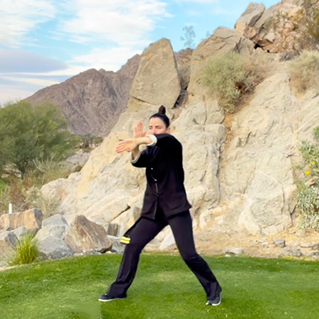 Female in mountains practicing wing chun kung fu with bon sao and wu sao