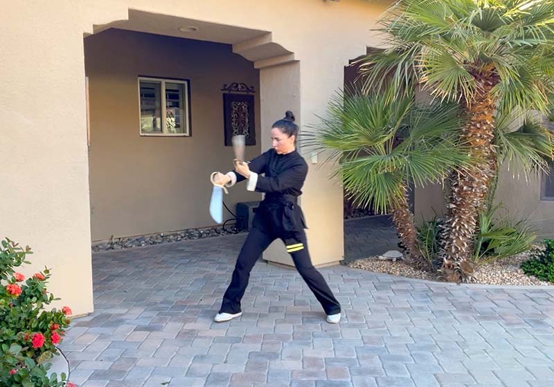 Sifu Kendra Mahon - Wing Chun Butterfly Swords Dynamic Technique Sifu Kendra Holding Two Swords in a Powerful Martial Arts Stance